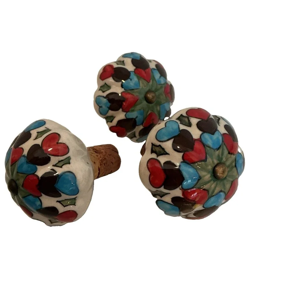 Ceramic Glazed Hearts Cork Wine Bottle Stopper Lot of 3
